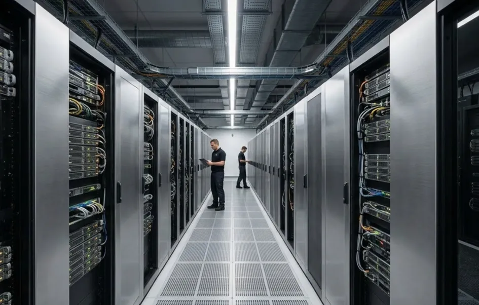Two IT technicians in dark uniforms inspect rows of silver server racks in a brightly lit, modern data center with overhead cable trays and a raised cooling floor.