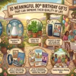 An illustrated infographic titled "10 Meaningful 80th Birthday Gifts That Can Improve Their Quality of Life" set against a sunny garden party backdrop. The graphic features ten numbered gift categories including C15 supplements, essential oil diffusers, indoor herb gardens, tech gadgets, comedy, physical activity gear, experience tickets, and memory-preserving gifts.