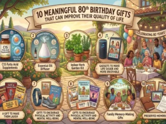 An illustrated infographic titled "10 Meaningful 80th Birthday Gifts That Can Improve Their Quality of Life" set against a sunny garden party backdrop. The graphic features ten numbered gift categories including C15 supplements, essential oil diffusers, indoor herb gardens, tech gadgets, comedy, physical activity gear, experience tickets, and memory-preserving gifts.