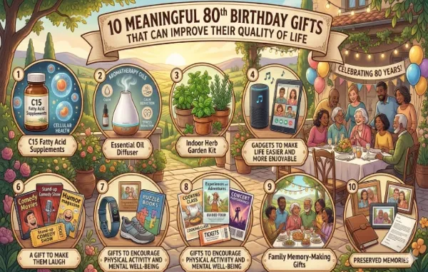 An illustrated infographic titled "10 Meaningful 80th Birthday Gifts That Can Improve Their Quality of Life" set against a sunny garden party backdrop. The graphic features ten numbered gift categories including C15 supplements, essential oil diffusers, indoor herb gardens, tech gadgets, comedy, physical activity gear, experience tickets, and memory-preserving gifts.