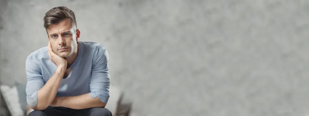 A man sitting thoughtfully with his chin resting on his hand, looking forward with a contemplative expression against a soft, textured grey background.