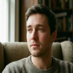 A close-up of a young man with a contemplative expression and tearful eyes, sitting in a chair indoors near a window with bookshelves in the background