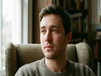 A close-up of a young man with a contemplative expression and tearful eyes, sitting in a chair indoors near a window with bookshelves in the background