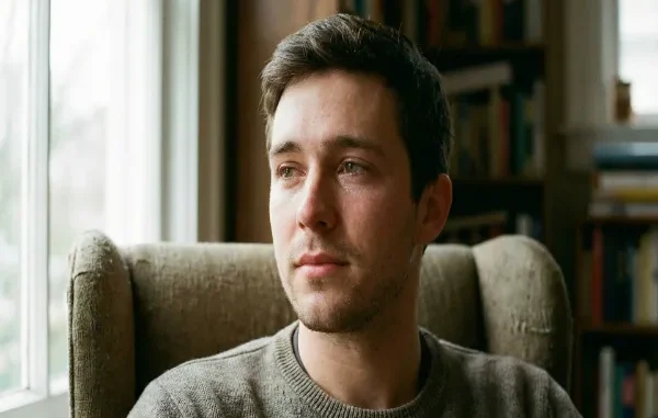 A close-up of a young man with a contemplative expression and tearful eyes, sitting in a chair indoors near a window with bookshelves in the background