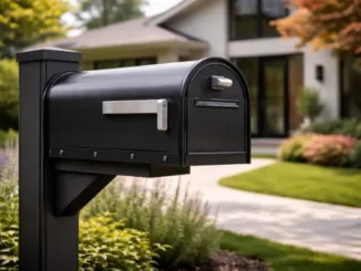 A sleek, modern black metal mailbox mounted on a matching post in front of a contemporary home with a manicured green lawn and garden.