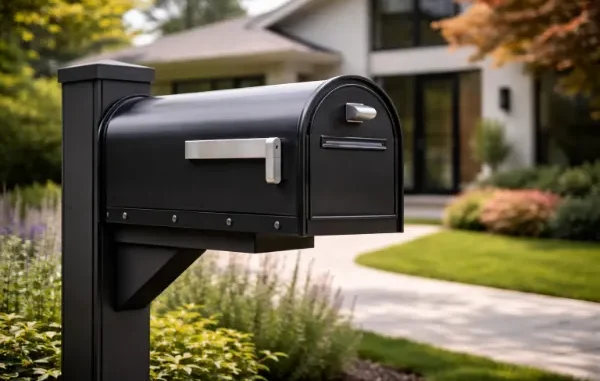 A sleek, modern black metal mailbox mounted on a matching post in front of a contemporary home with a manicured green lawn and garden.