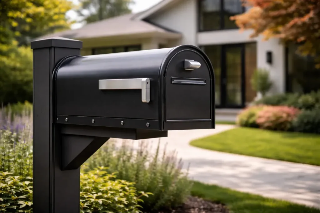 It describes the specific aesthetic (modern, matte black) and the context (curb appeal/landscaping), which helps screen readers paint a vivid picture for the user.