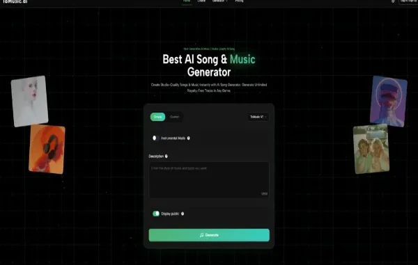 A professional interface of an AI music generator platform featuring a "Simple" and "Custom" mode toggle, a description box for entering music styles, and a prominent "Generate" button against a dark, grid-patterned background.