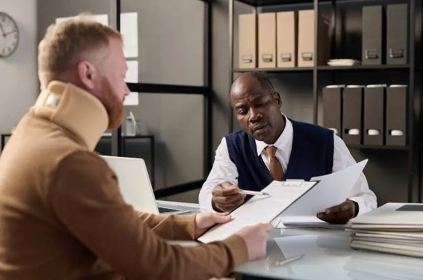 A personal injury lawyer in an office discussing legal documents with a client wearing a neck brace to illustrate the timeline for filing a claim.
