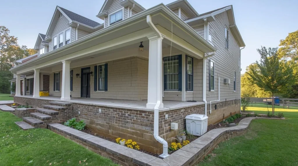 Exterior of a beige Charlotte home featuring a wide porch with white gutters and downspouts designed to direct rainwater away from the brick foundation and landscaped drainage areas.