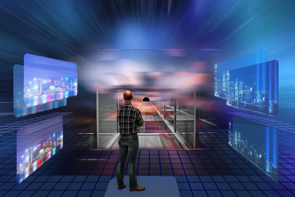 A man in a plaid shirt stands on a digital grid, looking into a futuristic, blue-hued tunnel. Floating virtual screens showing illuminated cityscapes surround him, symbolizing high-performance remote desktop gaming and the merging of physical and digital environments.