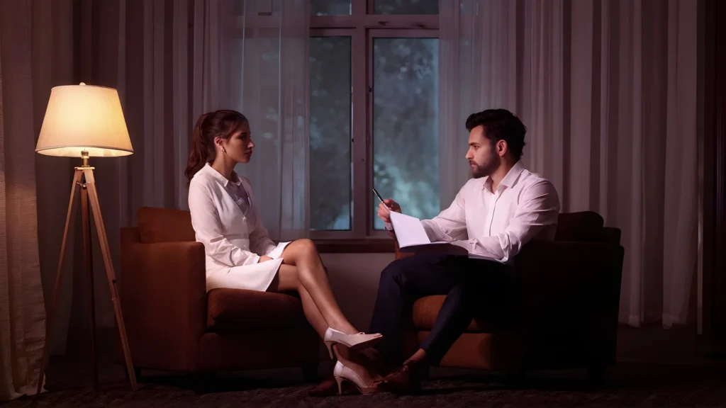 A woman sitting in an armchair during a therapy session, speaking with a male psychologist who is holding a notebook and pen in a dimly lit, professional office setting.