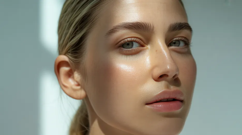 A close-up portrait of a woman with glowing, deeply hydrated skin and a smooth complexion, showcasing a healthy skin barrier and natural luminosity under soft, bright light.