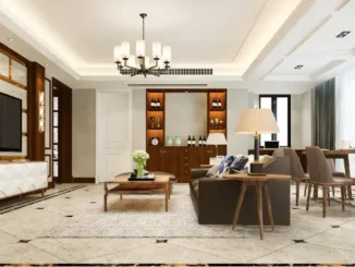 Luxurious open-concept studio apartment at Sawyer Apartments in Koreatown, featuring marble-style tile flooring, dark wood accents, a modern chandelier, and a sophisticated living and dining area.