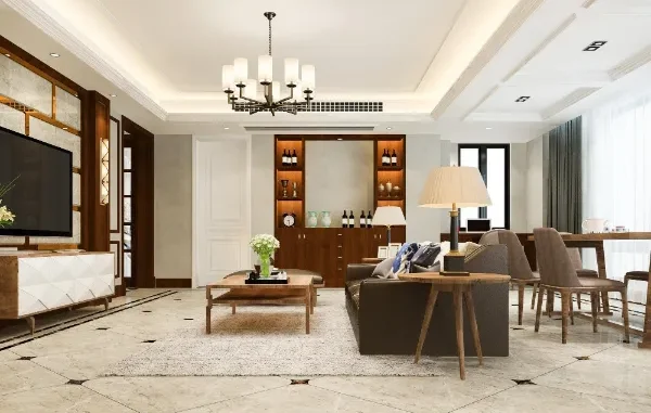 Luxurious open-concept studio apartment at Sawyer Apartments in Koreatown, featuring marble-style tile flooring, dark wood accents, a modern chandelier, and a sophisticated living and dining area.