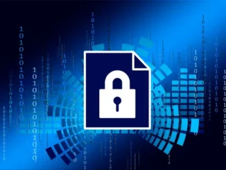 A digital illustration of a document icon with a padlock in the center, surrounded by glowing blue binary code and abstract data blocks on a dark background.