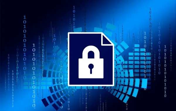 A digital illustration of a document icon with a padlock in the center, surrounded by glowing blue binary code and abstract data blocks on a dark background.