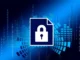 A digital illustration of a document icon with a padlock in the center, surrounded by glowing blue binary code and abstract data blocks on a dark background.