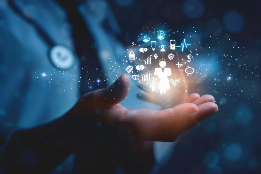 A conceptual image of a person in a lab coat holding an open palm, above which floats a glowing, complex sphere of digital healthcare and data icons. The glowing elements suggest a fragile or intricate network of information, illustrating the growing complexity of data security in a professional environment.