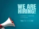 A "We Are Hiring" recruitment graphic featuring a white and red megaphone against a teal background, listing positions for Content Creator and Designer in Seoul.