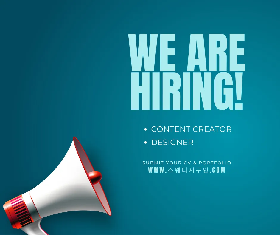 A "We Are Hiring" announcement graphic featuring a megaphone on a teal background, listing open positions for Content Creator and Designer with a website URL for applications.