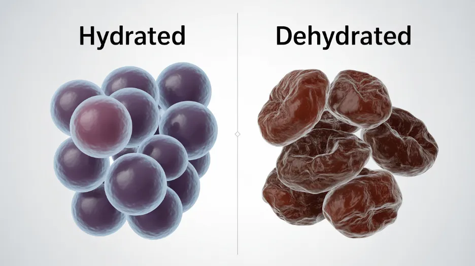 A 3D scientific illustration comparing hydrated and dehydrated skin cells. On the left, hydrated cells appear as plump, smooth, purple spheres. On the right, dehydrated cells are shown as shriveled, dark brown, and raisin-like in texture, separated by a vertical dividing line.