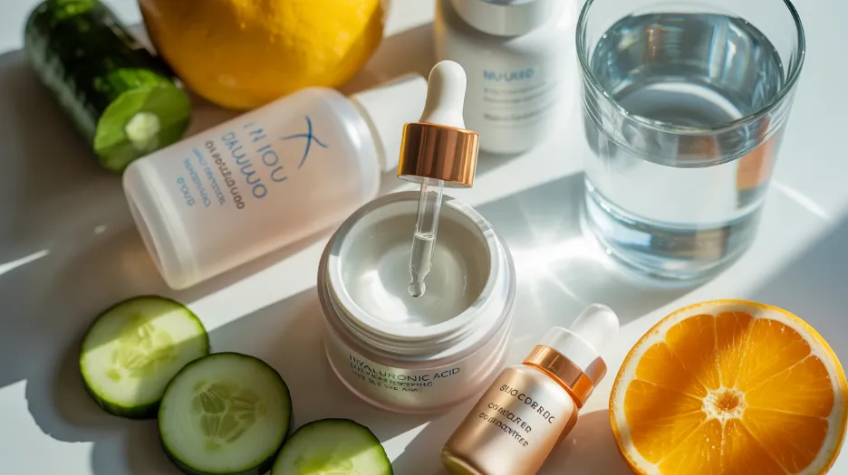 A collection of skincare products including hyaluronic acid cream and serums, arranged with fresh cucumber slices, an orange, and a glass of water to illustrate skin hydration.