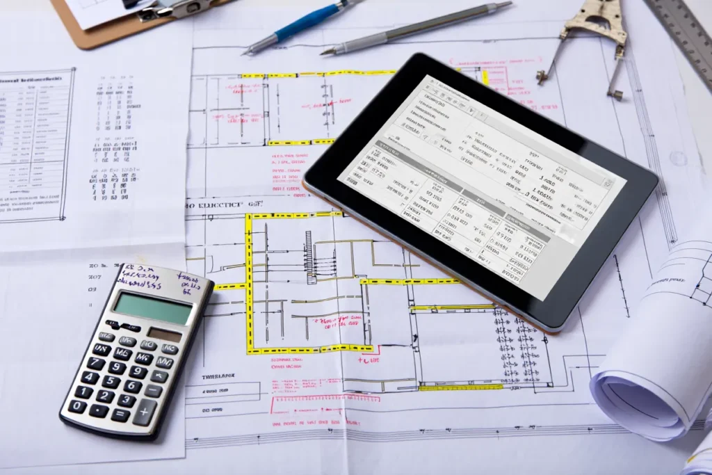 An overhead view of a construction planning workspace featuring architectural blueprints spread across a desk. A digital tablet displaying a project management spreadsheet sits in the center, surrounded by a calculator, technical pens, a compass, and rolled-up site plans, illustrating the integration of digital tools with traditional engineering.