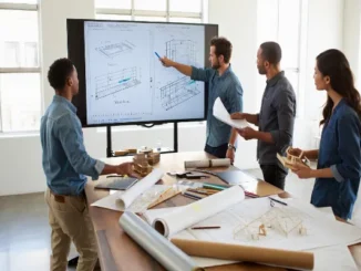 A diverse team of architects and project managers in a bright office, reviewing digital structural blueprints on a large touchscreen monitor and physical 3D models to coordinate construction phases.