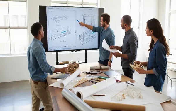 A diverse team of architects and project managers in a bright office, reviewing digital structural blueprints on a large touchscreen monitor and physical 3D models to coordinate construction phases.