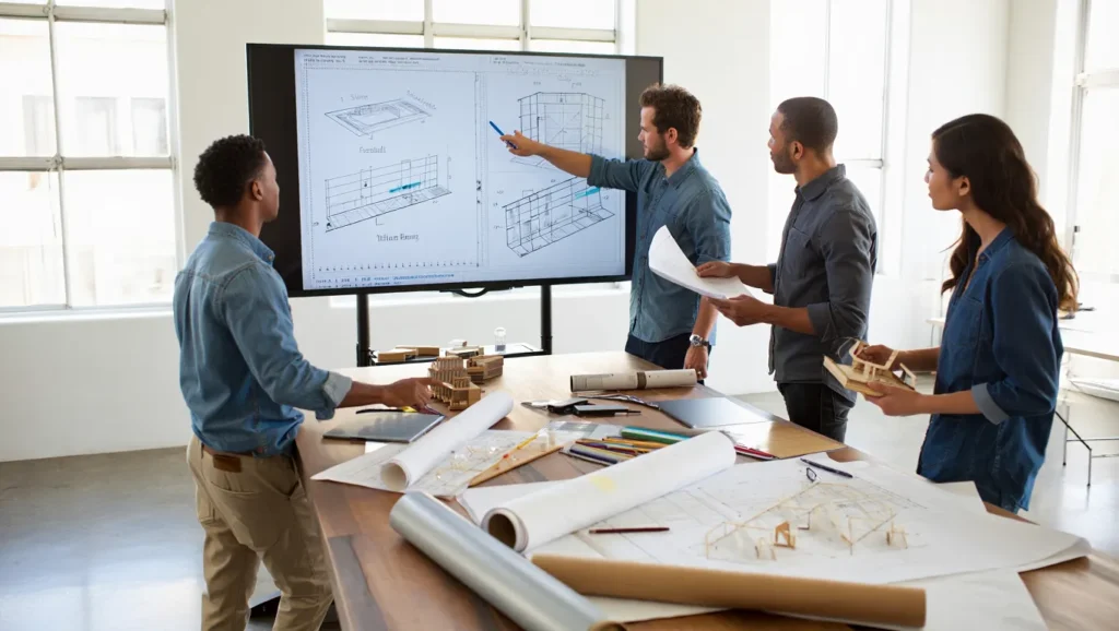 A diverse team of architects and project managers collaborating in a bright, modern office. They are reviewing detailed digital blueprints on a large touchscreen monitor while surrounded by physical site models and rolled architectural plans on a wooden table, illustrating organized construction planning.