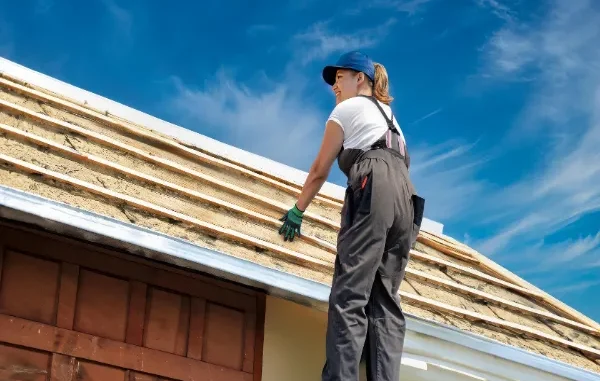 A female roofer in work gear standing on a ladder, inspecting the wooden structure and insulation of a roof under a clear blue sky.