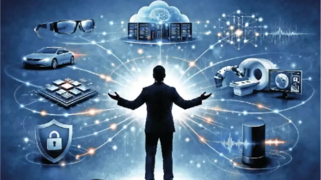 A futuristic montage of 2026 technology, including a sleek humanoid robot assisting in a home, a person using lightweight spatial computing glasses, and a glowing quantum processor.