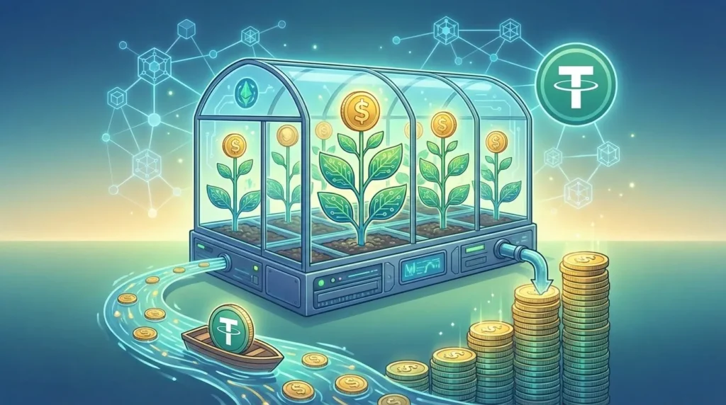 A conceptual digital illustration depicting USDT yield farming as a high-tech greenhouse. Inside the glass structure, plants with golden dollar-sign coins grow from circuit-board soil. A river of digital water carries Tether (USDT) coins into the greenhouse, while a pipe on the other side pours out stacks of gold coins, symbolizing passive returns and liquidity provision in decentralized finance (DeFi).