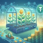 A digital illustration of a high-tech glass greenhouse where dollar-coin plants grow, representing USDT yield farming. A river of Tether (USDT) coins flows into the greenhouse, while a stack of gold coins grows on the outside, symbolizing passive returns.