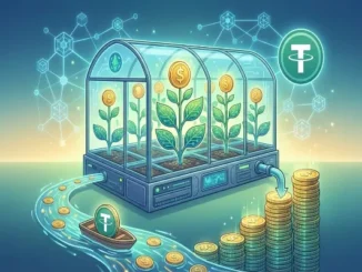 A digital illustration of a high-tech glass greenhouse where dollar-coin plants grow, representing USDT yield farming. A river of Tether (USDT) coins flows into the greenhouse, while a stack of gold coins grows on the outside, symbolizing passive returns.