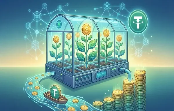 A digital illustration of a high-tech glass greenhouse where dollar-coin plants grow, representing USDT yield farming. A river of Tether (USDT) coins flows into the greenhouse, while a stack of gold coins grows on the outside, symbolizing passive returns.