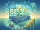 A digital illustration of a high-tech glass greenhouse where dollar-coin plants grow, representing USDT yield farming. A river of Tether (USDT) coins flows into the greenhouse, while a stack of gold coins grows on the outside, symbolizing passive returns.