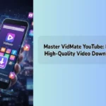 A hand holding a smartphone displaying the VidMate app interface with various social media icons and a large download button, set against a futuristic digital city background.