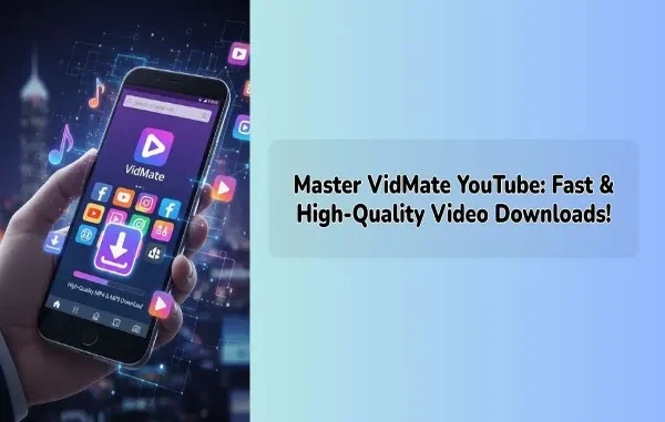 A hand holding a smartphone displaying the VidMate app interface with various social media icons and a large download button, set against a futuristic digital city background.