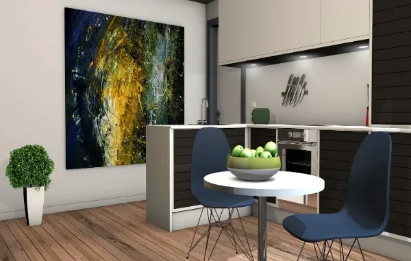 A sleek, modern kitchen and dining area featuring dark wood cabinetry, a white marble island, and blue designer chairs, showcasing the high-quality rendering used in real estate virtual tours.