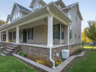 Exterior of a Charlotte home featuring a wrap-around porch, brick foundation, and a clean white gutter system with downspout extensions to prevent water damage.