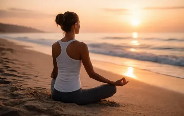 A woman sitting in a cross-legged yoga pose on a sandy beach, facing a glowing sunset over the ocean.