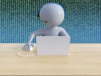 A 3D minimalist figure wearing a headset and working at a laptop against a background of scrolling binary code, representing an autonomous AI agent in a digital workspace.