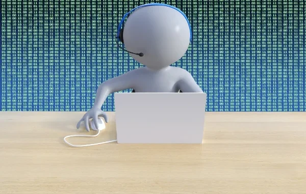 A 3D minimalist figure wearing a headset and working at a laptop against a background of scrolling binary code, representing an autonomous AI agent in a digital workspace.