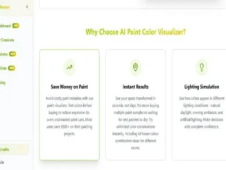 Screenshot of the Dehome AI Paint Color Visualizer website showing three benefit cards: Save Money on Paint, Instant Results, and Lighting Simulation.