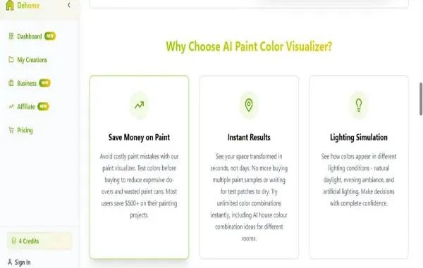 Screenshot of the Dehome AI Paint Color Visualizer website showing three benefit cards: Save Money on Paint, Instant Results, and Lighting Simulation.