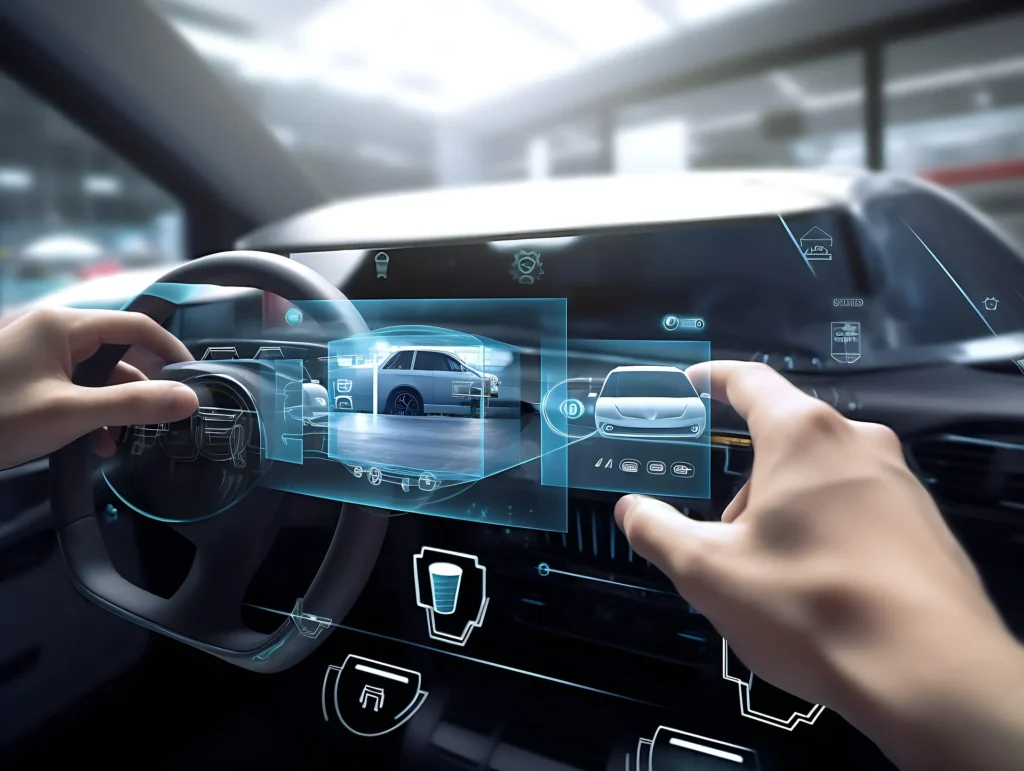 A futuristic car interior featuring a holographic dashboard display with AI-driven data visualizations and 3D car models, symbolizing predictive technology and high-tech innovation.