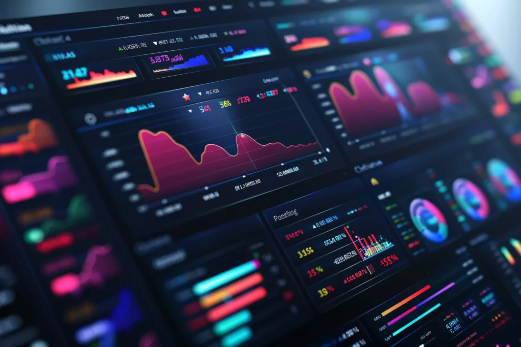 A high-tech digital dashboard displaying colorful data visualizations, including line graphs, bar charts, and circular progress indicators, representing how AI venture capital firms analyze startup performance metrics and growth potential.