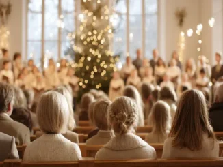 A back-view of a congregation seated in wooden pews inside a brightly lit church, watching a choir perform in front of a glowing Christmas tree.
